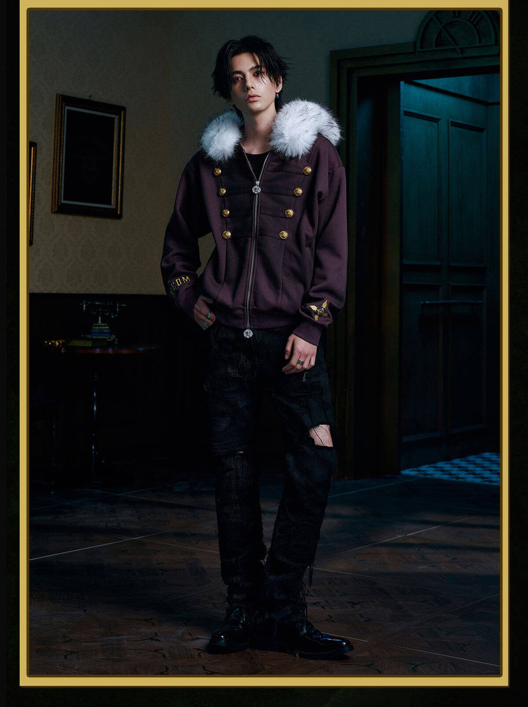 MEDM × HUNTER×HUNTER Kuroro Inverted Cross Patch Faux Fur Hood Zip Up Hoodie