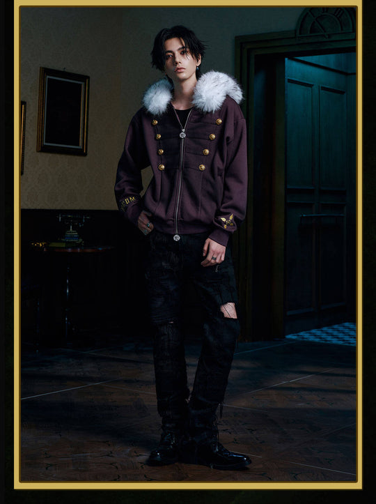 MEDM × HUNTER×HUNTER Kuroro Inverted Cross Patch Faux Fur Hood Zip Up Hoodie