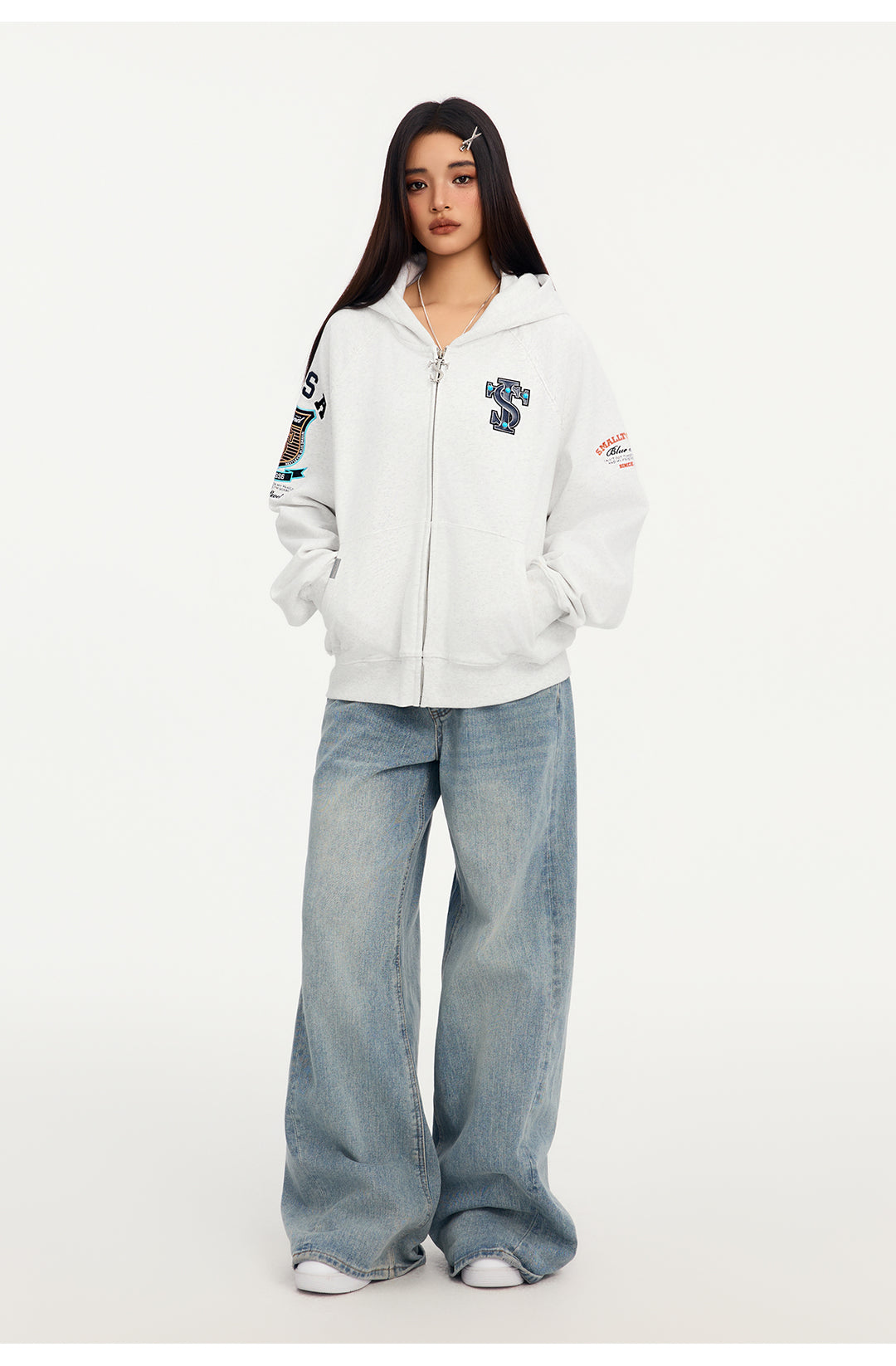 Small Town Kid Turquoise Studded Badge Embroidered Zip-Up Hoodie | Face 3 Face