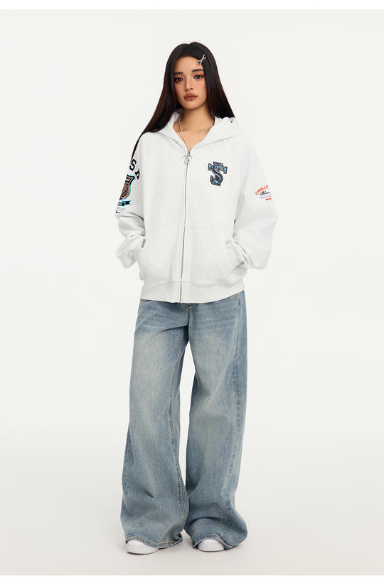 Small Town Kid Turquoise Studded Badge Embroidered Zip-Up Hoodie | Face 3 Face