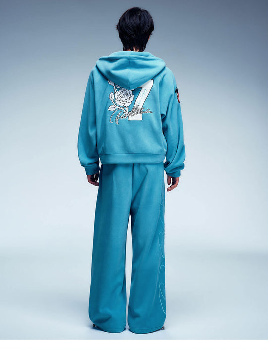 MEDM Rose Embroidered Patch Zip Up Fleece Hoodie | Face 3 Face