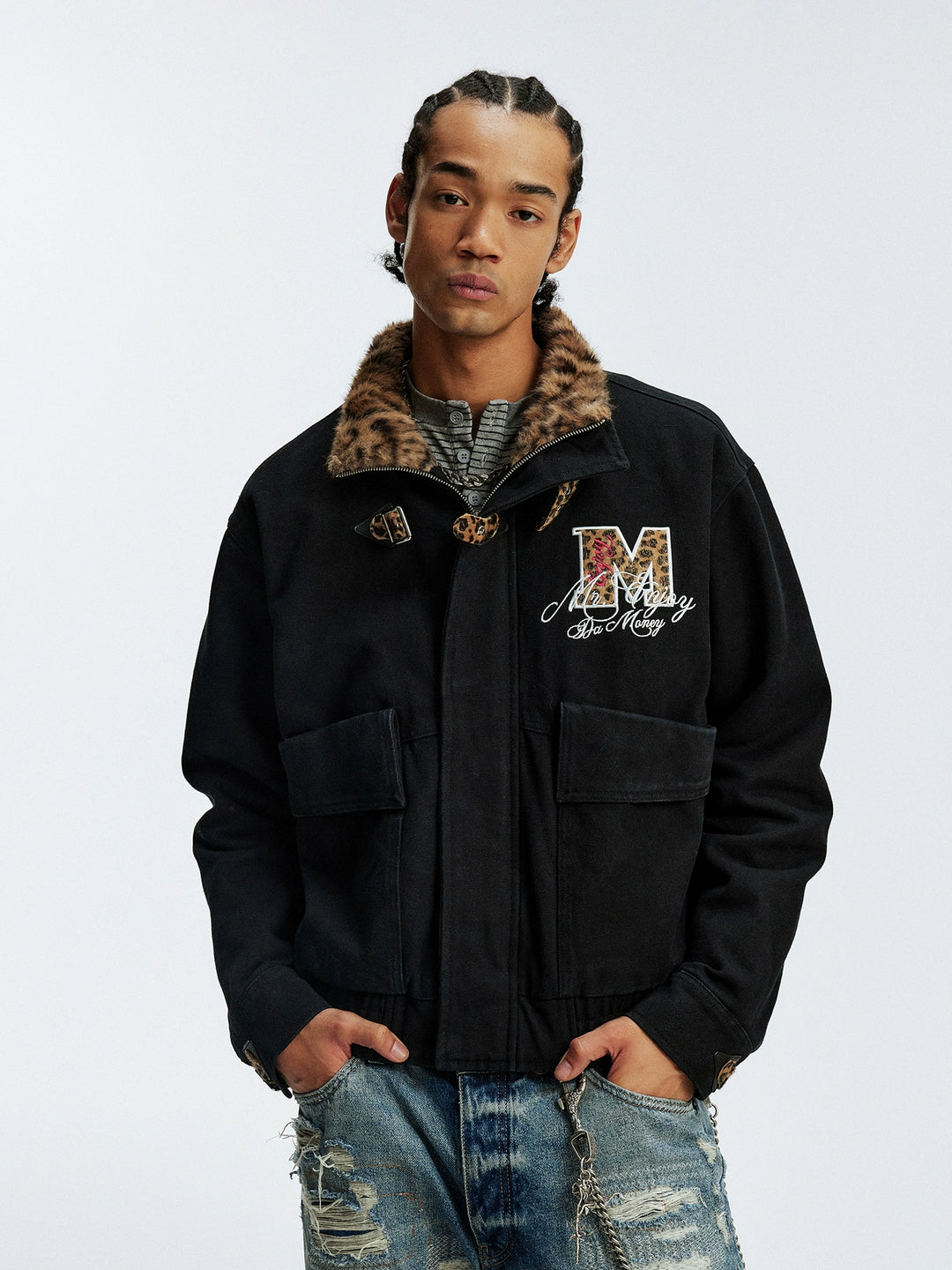 MEDM Leopard Collar Belted Work Jacket | Face 3 Face