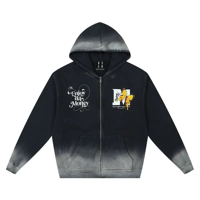 MEDM Washed Angel Butterfly Print Zip Up Hoodie | Face 3 Face