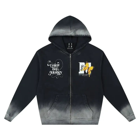 MEDM Washed Angel Butterfly Print Zip Up Hoodie | Face 3 Face