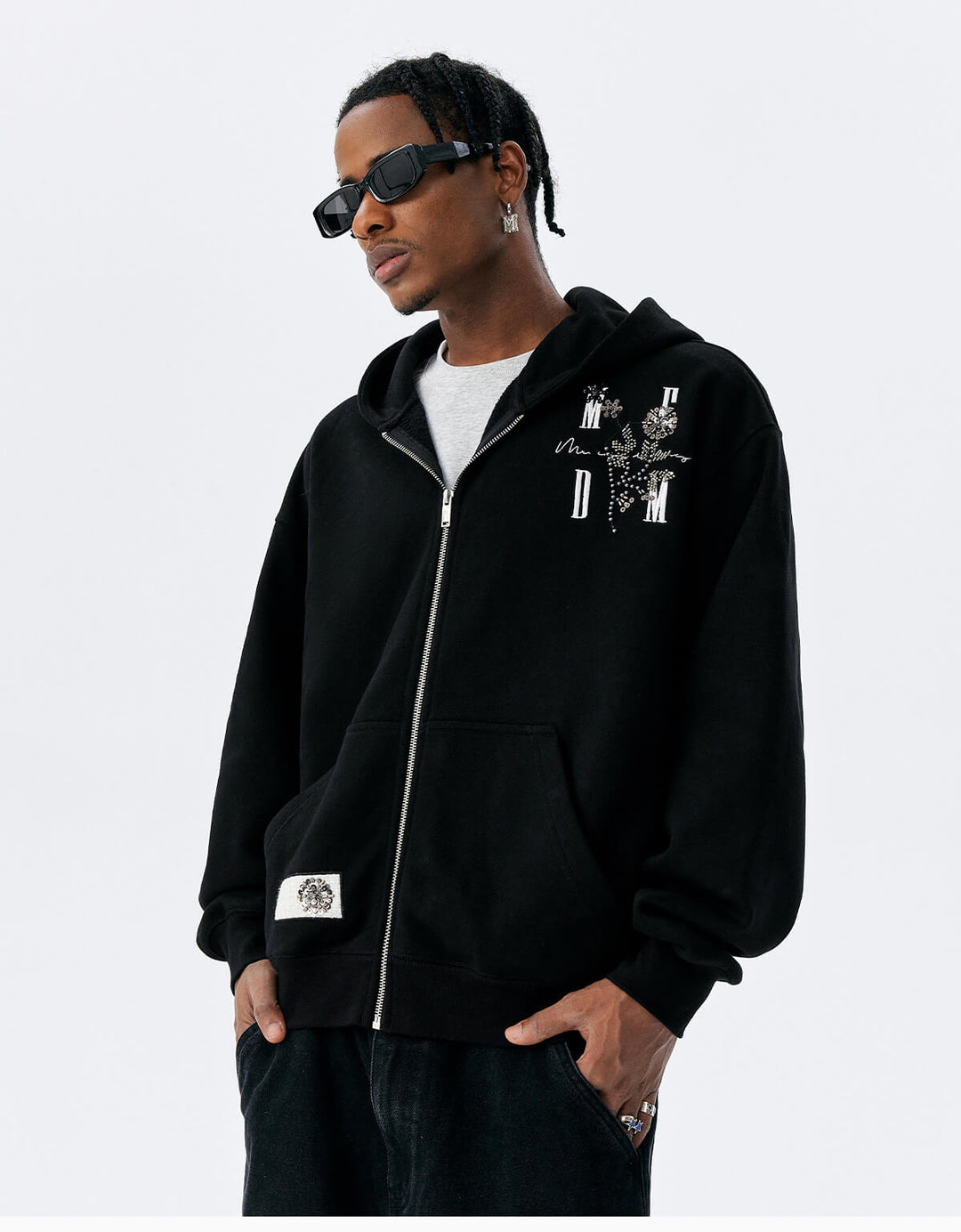 MEDM Beaded Flower Embellished Zip Up Hoodie | Face 3 Face