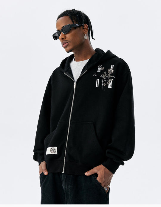 MEDM Beaded Flower Embellished Zip Up Hoodie | Face 3 Face