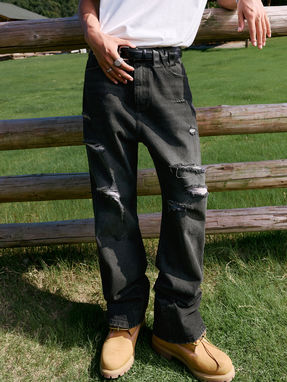 MEDM Leather Patchwork Washed Ripped Jeans | Face 3 Face