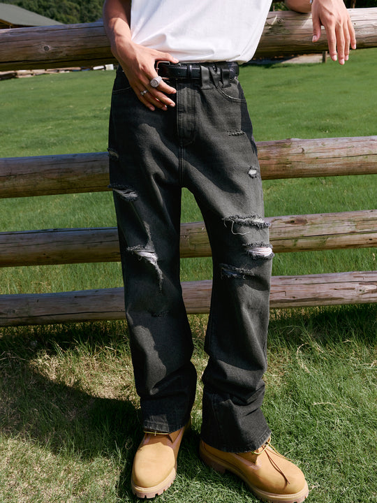 MEDM Leather Patchwork Washed Ripped Jeans | Face 3 Face