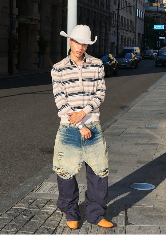 STEEPC Layered Design Knit Striped Long Sleeve Polo | Face 3 Face