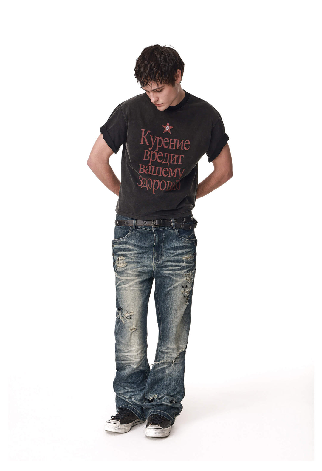 ANTIDOTE Cyrillic Letter Print Washed Short Sleeve Tee | Face 3 Face