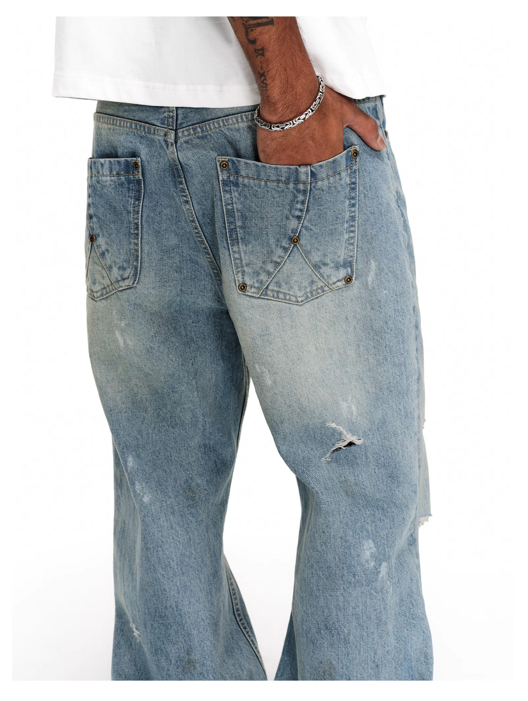 ANTIDOTE Washed Ripped Holes Light Blue Flared Jeans | Face 3 Face