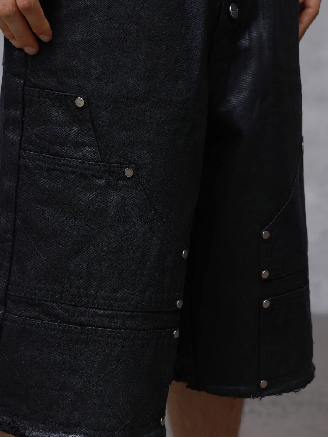 ANTIDOTE Brushed Waxed Studded Double Knee Cutoff Baggy Shorts | Face 3 Face