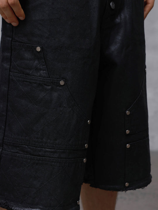 ANTIDOTE Brushed Waxed Studded Double Knee Cutoff Baggy Shorts | Face 3 Face
