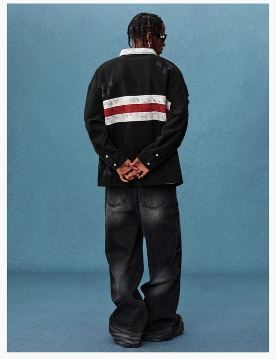 MEDM Asymmetric Collar Stripes Long Sleeve Polo | Face 3 Face