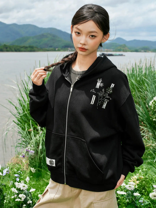 MEDM Beaded Flower Embellished Zip Up Hoodie | Face 3 Face