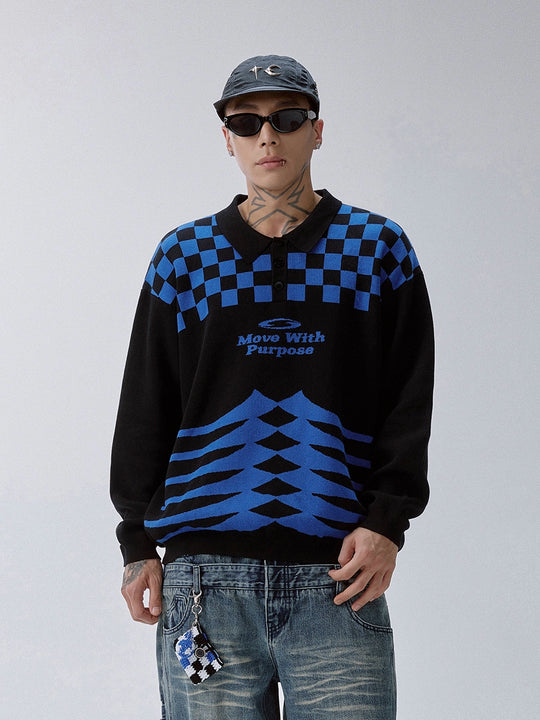 F2CE Checkerboard Pattern Polo Knit Sweater | Face 3 Face