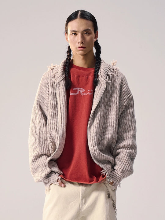 Remedy Distressed Hooded Zipper Knit Cardigan | Face 3 Face