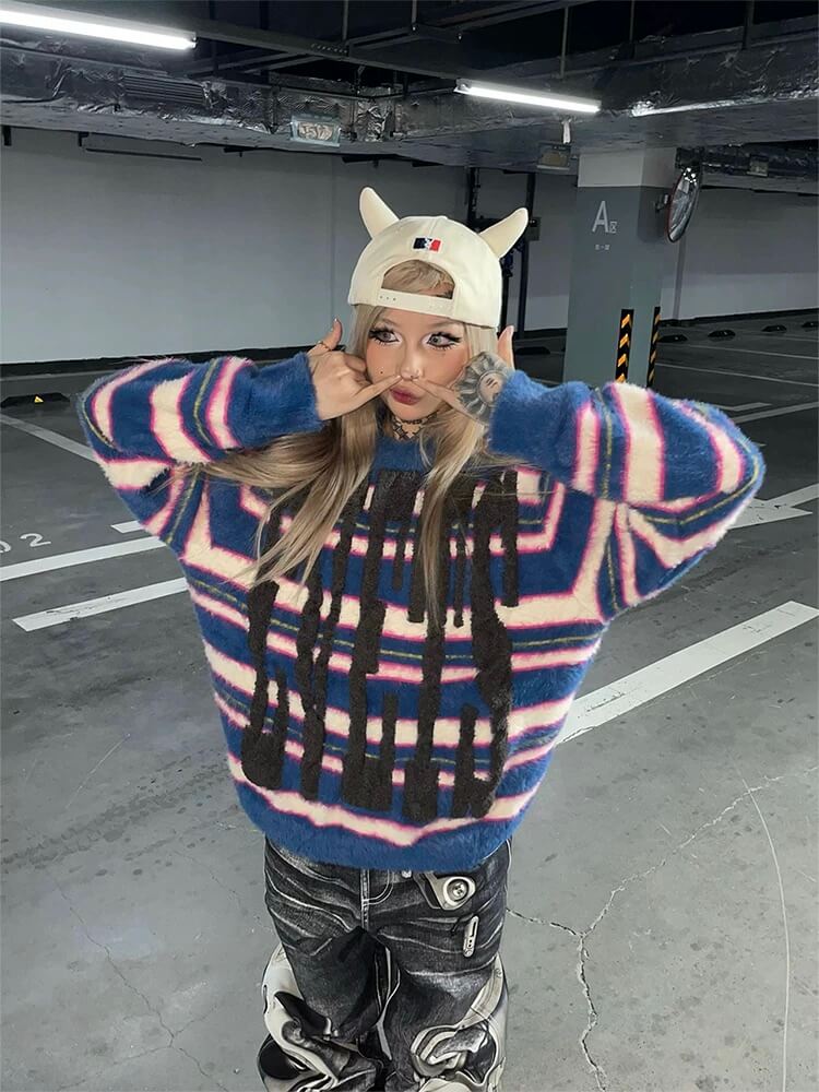 EVETS Logo Striped Fuzzy Knit Sweater | Face 3 Face