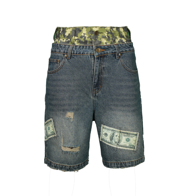 TGFCLUB Camouflage Double Waistband Dollar Patch Denim Shorts | Face 3 Face