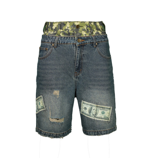 TGFCLUB Camouflage Double Waistband Dollar Patch Denim Shorts | Face 3 Face