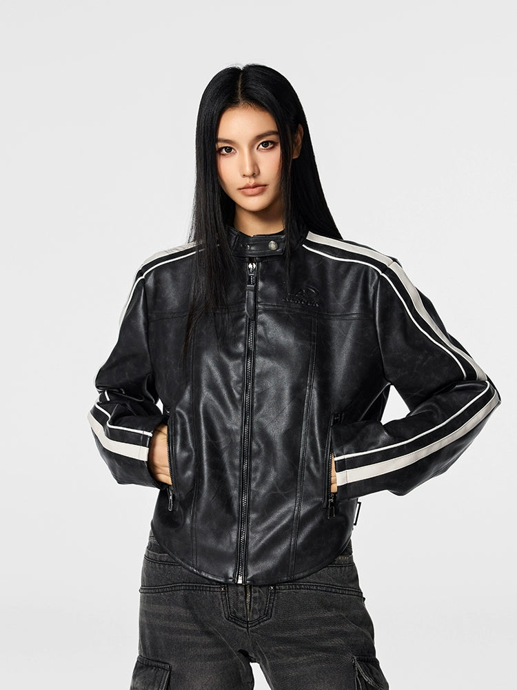 Biker jacket | Achock Girls' Striped Leather Short Motorcycle Jacket | Face 3 Face