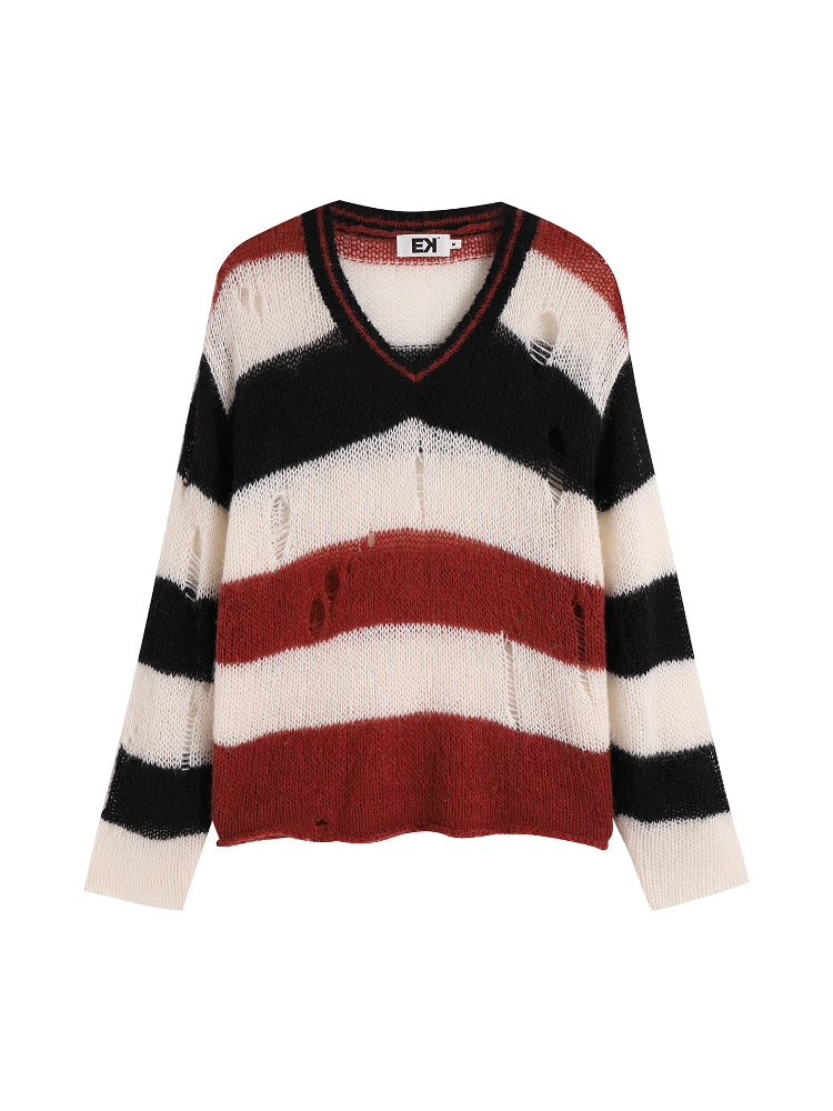 EVILKNIGHT(EK) Striped Colorblocking Distressed V-Neck Knit Sweater | Face 3 Face