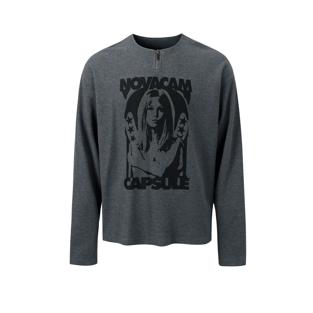NOVACAM Waffle Vintage Print Zip Long Sleeve Tee | Face 3 Face