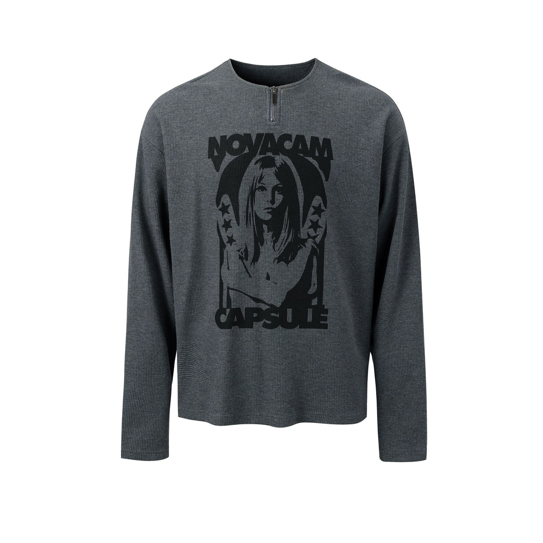 NOVACAM Waffle Vintage Print Zip Long Sleeve Tee | Face 3 Face