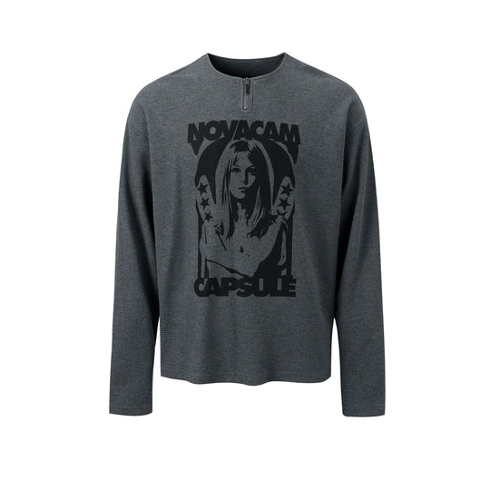 NOVACAM Waffle Vintage Print Zip Long Sleeve Tee | Face 3 Face