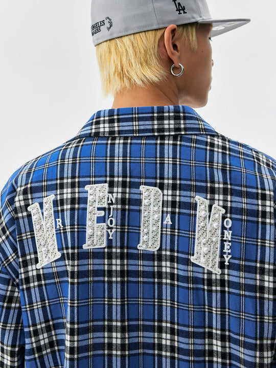 MEDM Blue Pearl Embroidery Plaid Long Sleeve Shirt | Face 3 Face