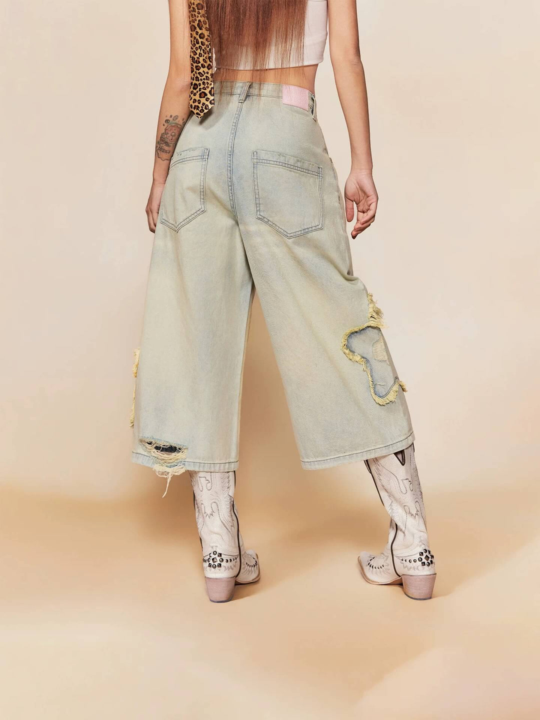 1807 Star Patch Washed Distressed Denim Cropped Shorts | Face 3 Face