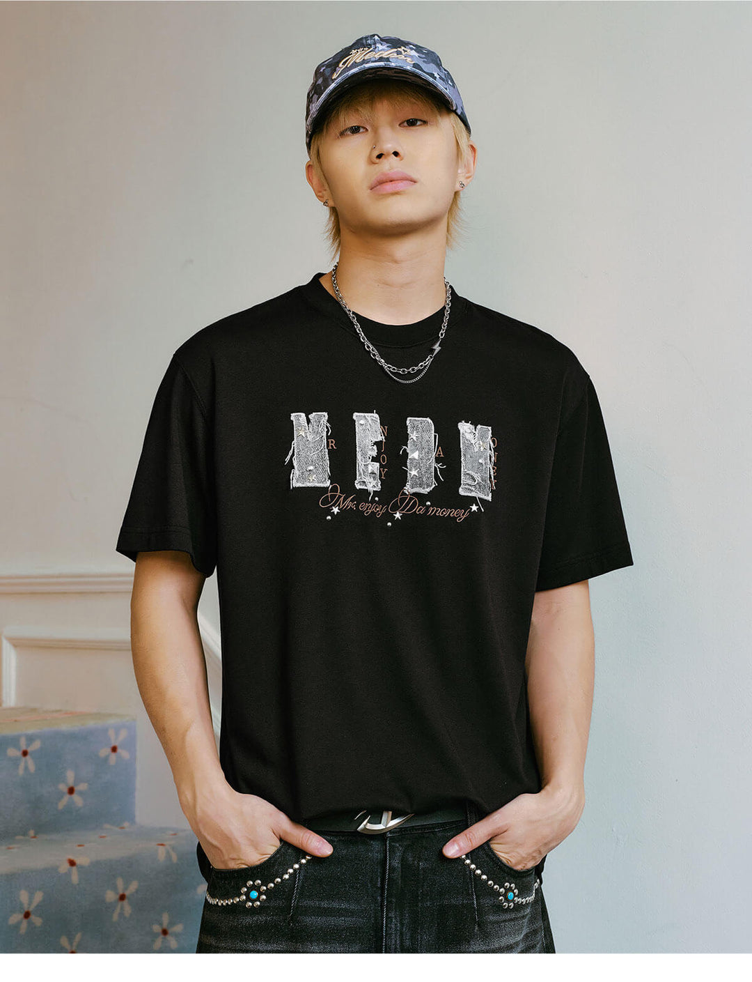 MEDM Distressed Denim Logo Patch Studded Short Sleeve Tee | Face 3 Face