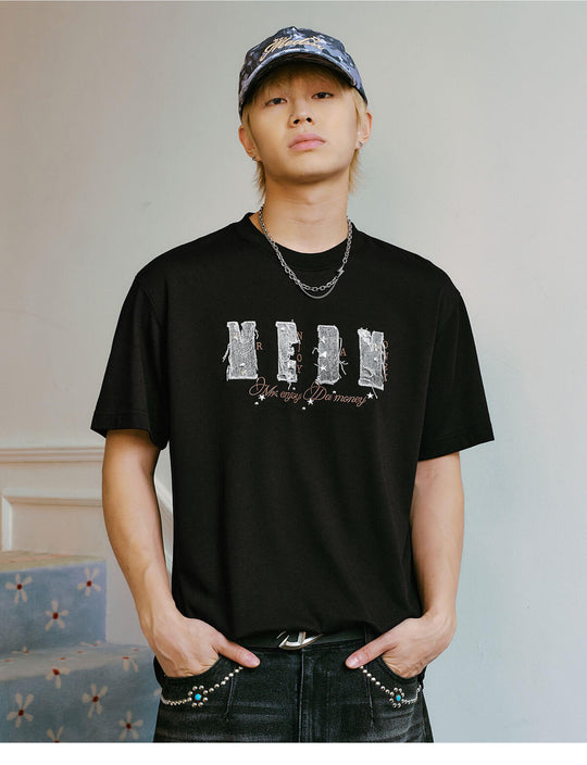 MEDM Distressed Denim Logo Patch Studded Short Sleeve Tee | Face 3 Face