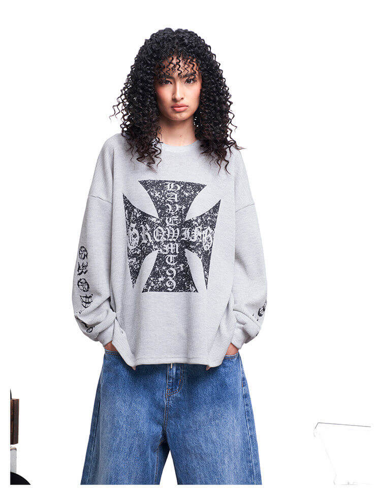 F3F Select Vintage Cross Print Waffle Long Sleeve Tee | Face 3 Face
