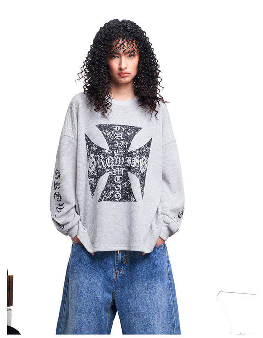 F3F Select Vintage Cross Print Waffle Long Sleeve Tee | Face 3 Face