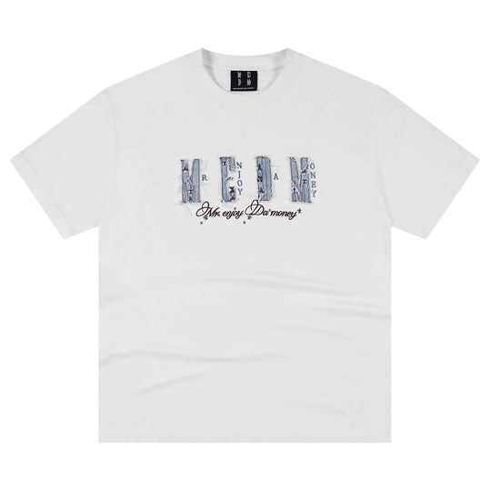 MEDM Distressed Denim Logo Patch Studded Short Sleeve Tee | Face 3 Face