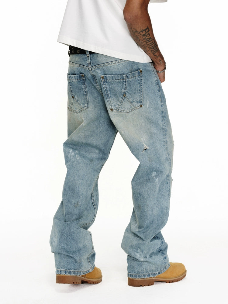 ANTIDOTE Washed Ripped Holes Light Blue Flared Jeans | Face 3 Face