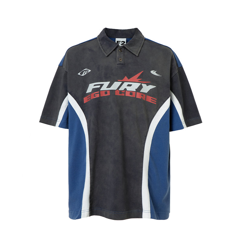 F2CE Washed & Old Splicing Printed Polo Shirt