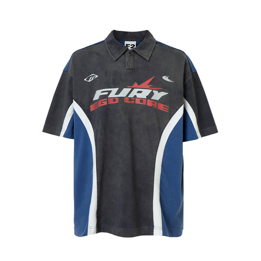 F2CE Washed & Old Splicing Printed Polo Shirt
