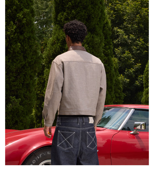 S45 Plaid Pearl Button Leather Lapel Short Jacket | Face 3 Face