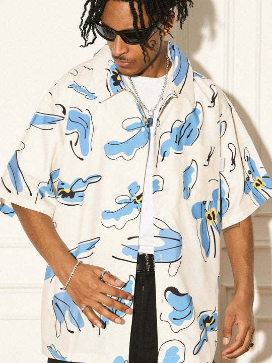 EMPTY REFERENCE White Blue Flower Short Sleeve Shirt