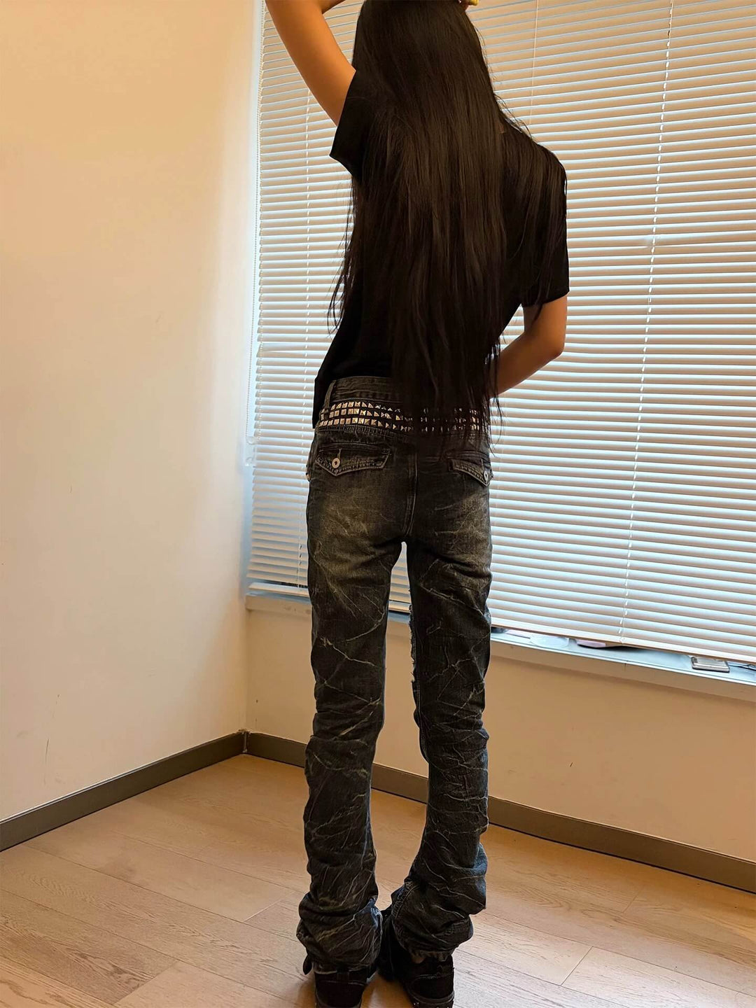 Night Lab Heavily Washed Distressed Multi Rivet Curved Jeans
