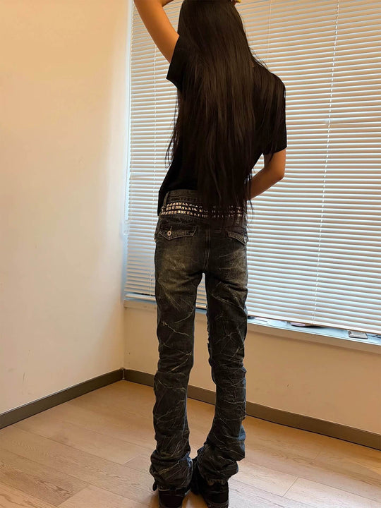 Night Lab Heavily Washed Distressed Multi Rivet Curved Jeans