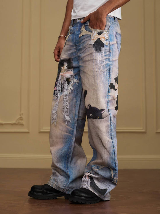 YADcrew Black Cat And Bow Print Baggy Jeans | Face 3 Face