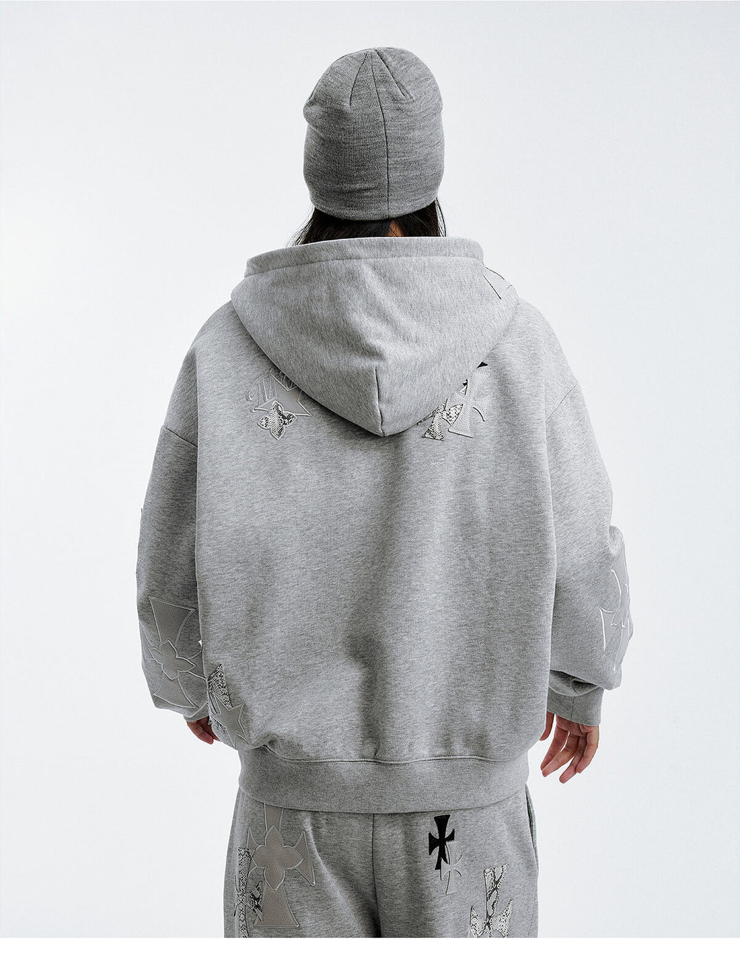 MEDM Cross Star Leather Patchwork Zip Up Hoodie | Face 3 Face