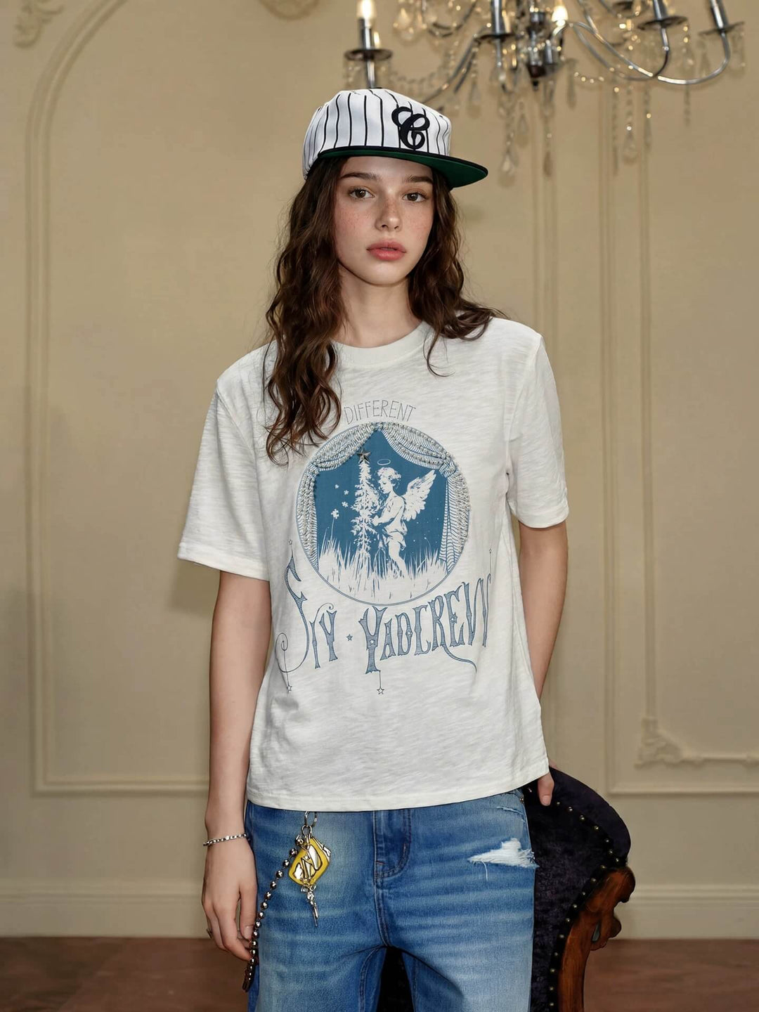 YADcrew Angel Print Star Studded Pearl Embellished Tee | Face 3 Face