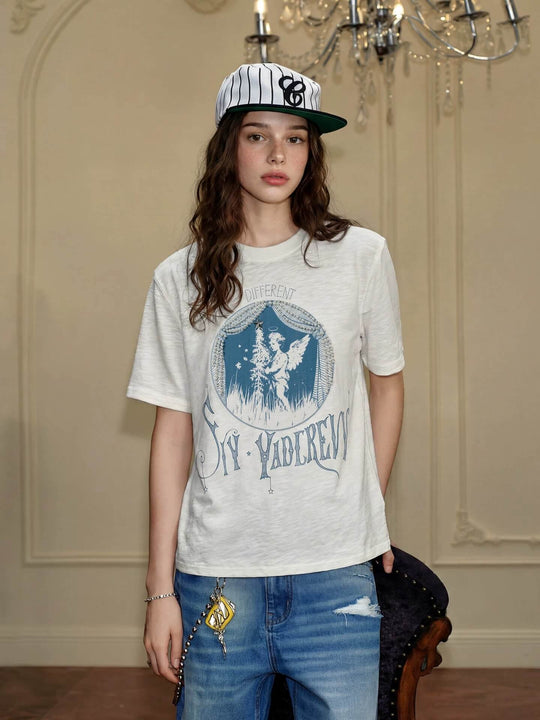 YADcrew Angel Print Star Studded Pearl Embellished Tee | Face 3 Face