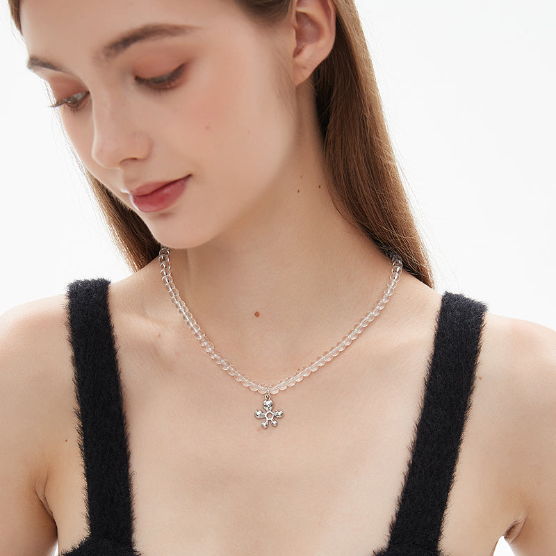 AWE Silver Irregular Flower Crystal Beaded Necklace | Face 3 Face