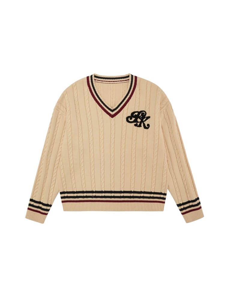 EVILKNIGHT(EK) Logo Cable Knit V Neck Sweater | Face 3 Face