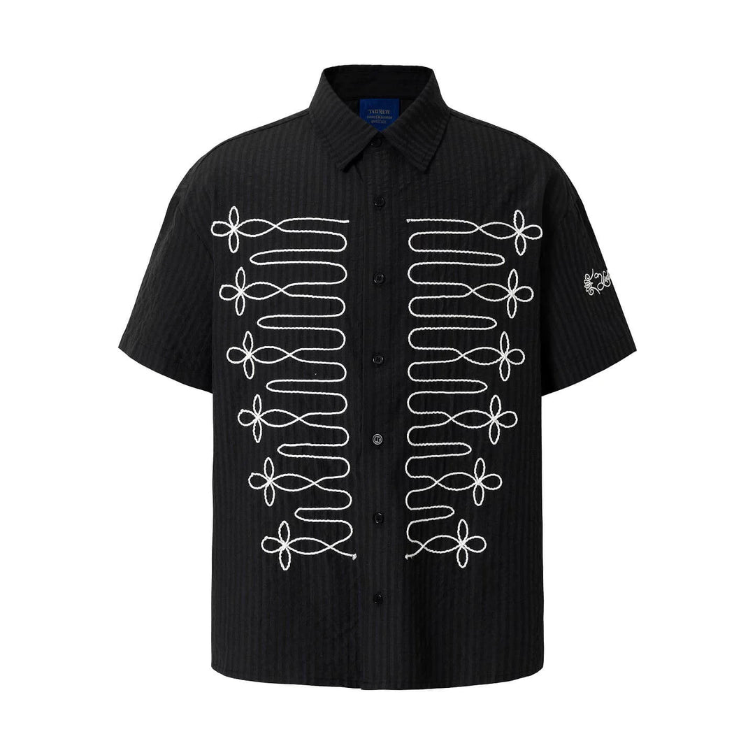 YADcrew Braid Embroidered Striped Seersucker Short Sleeve Shirt | Face 3 Face